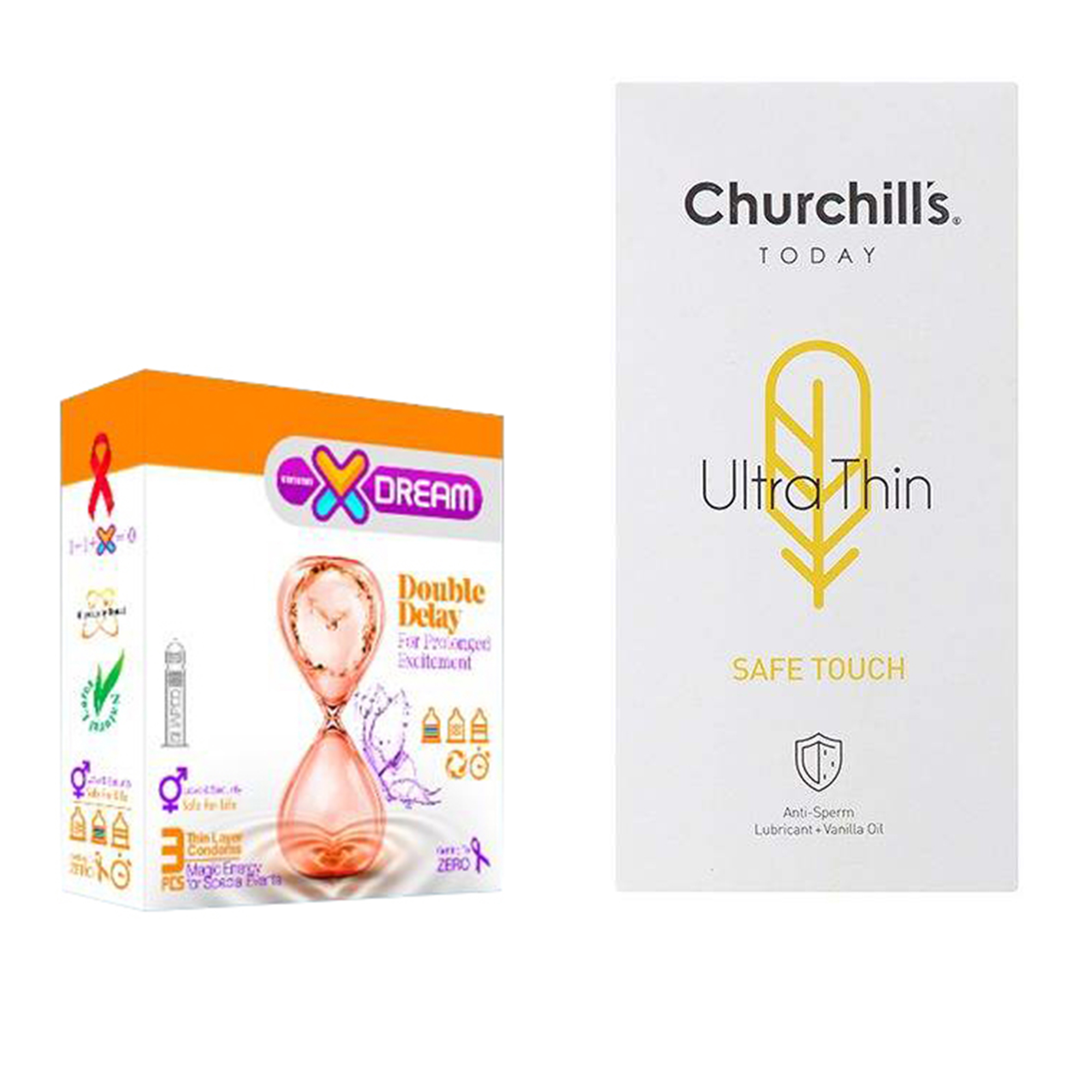 کاندوم چرچیلز مدل Safe Touch بسته 12 عددی به همراه کاندوم ایکس دریم مدل Double Delay بسته 3 عددی