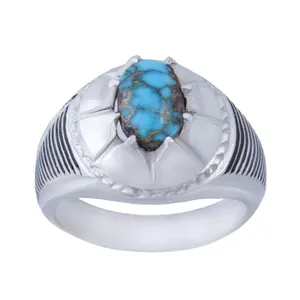 انگشتر نقره مردانه بازرگانی میلادی مدل سنگ فیروزه طبیعی نیشابور رکاب دست ساز سیاه قلم کلاسیک کد AM_027