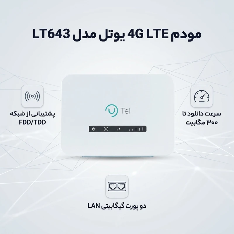 عکس شماره 2 : مودم 4g lte یوتل مدل lt643 با اتصال fdd-tdd، سرعت دانلود تا 300 مگابیت، دو پورت گیگابیتی lan، فایروال