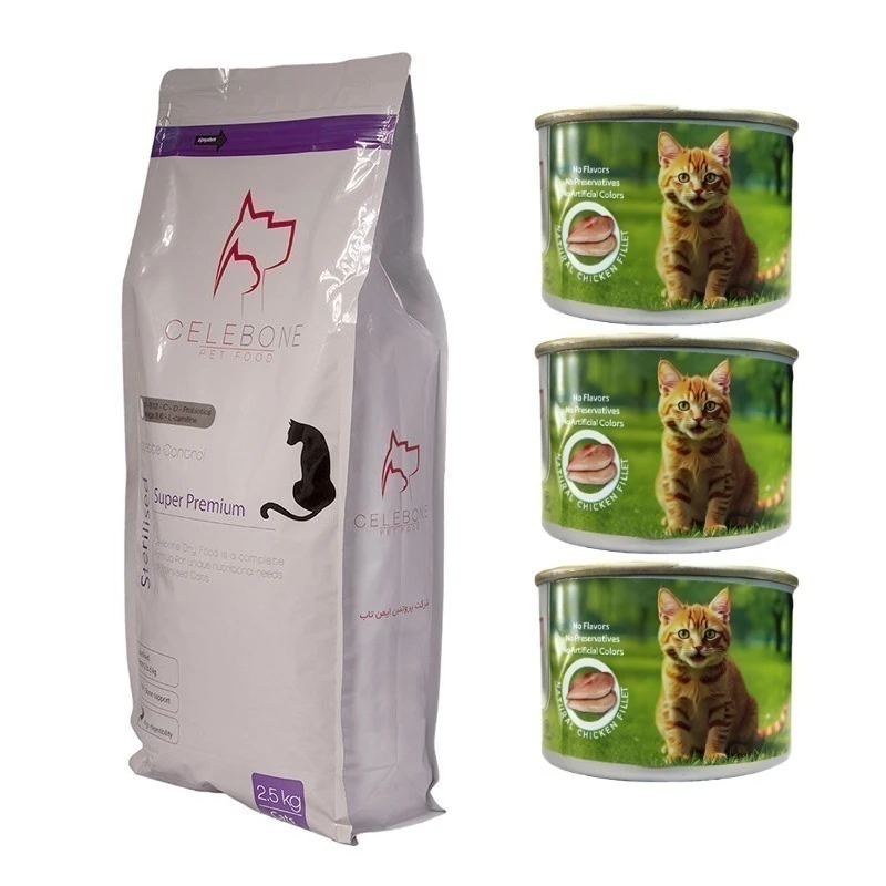 غذای خشک گربه بالغ سلبن مدل پک Sterilised طعم مرغ به همراه کنسرو بسته 4 عددی