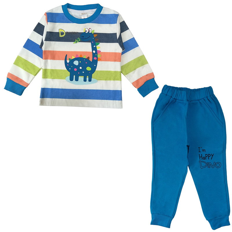 ست تی شرت و شلوار پسرانه مدل راه راه دایناسور کد 3522 رنگ آبی نفتی