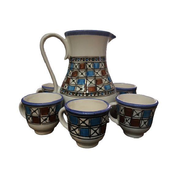 ست 6 تکه پارچ و لیوان سفالی طرح چارخونه
