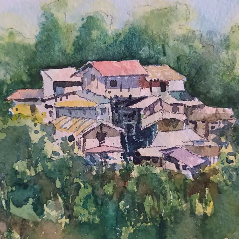 نقاشی آبرنگ طرح روستای گیلان کد 69