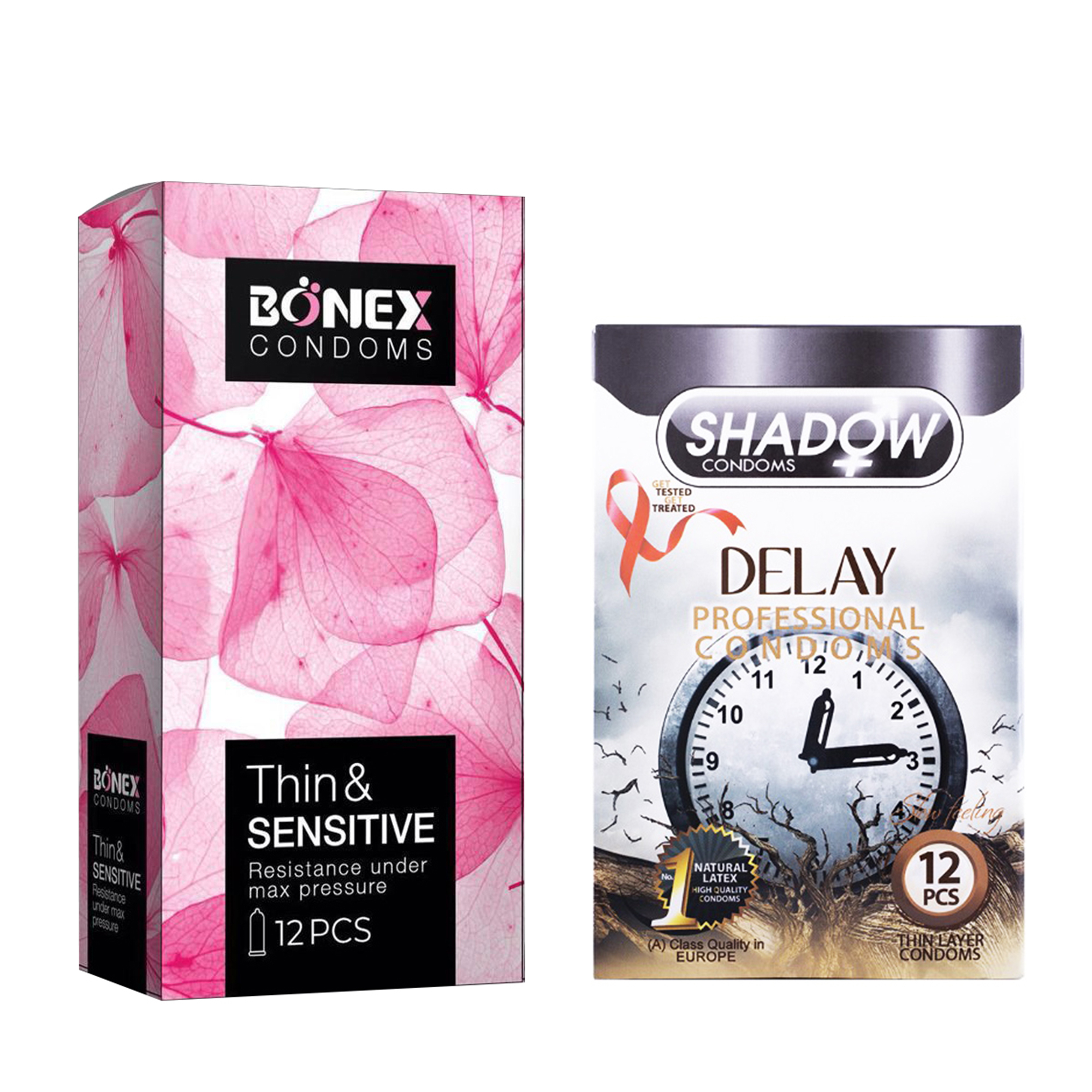 کاندوم بونکس مدل Thin & Sensitive بسته 12 عددی به همراه کاندوم شادو مدل Delay بسته 12 عددی