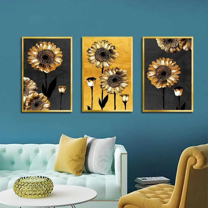 تابلو بکلیت طرح گل آفتابگردان مدل شاین اکلیلی T-2467 فریم طلایی مجموعه 3 عددی