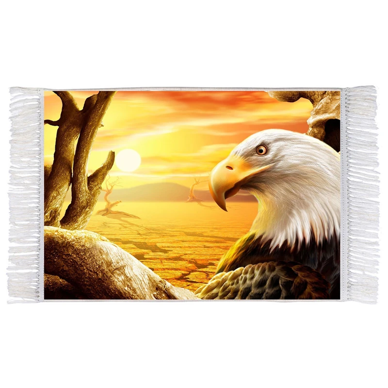 فرش ماشینی دیوارکوب اطلس آبی طرح پرنده عقاب و طلوع خورشید مدل T1447