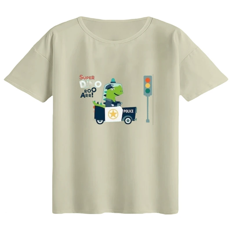 تی‌شرت اورسایز آستین کوتاه زنانه مدل باکسی طرح تمساح و ماشین پلیس