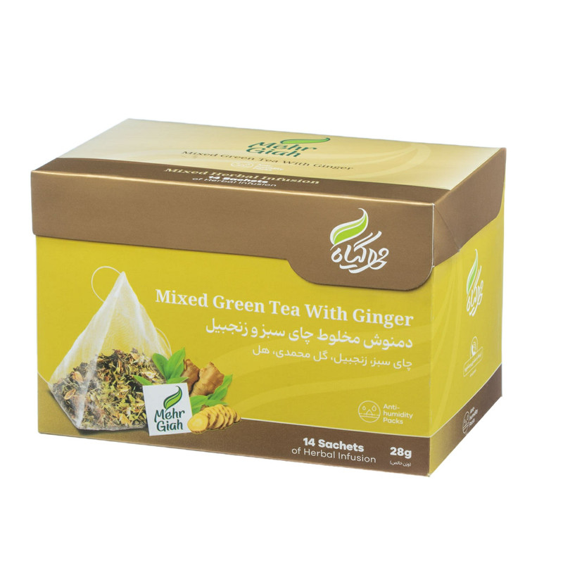 دمنوش گیاهی چای سبز و زنجبیل مهرگیاه بسته 14 عددی