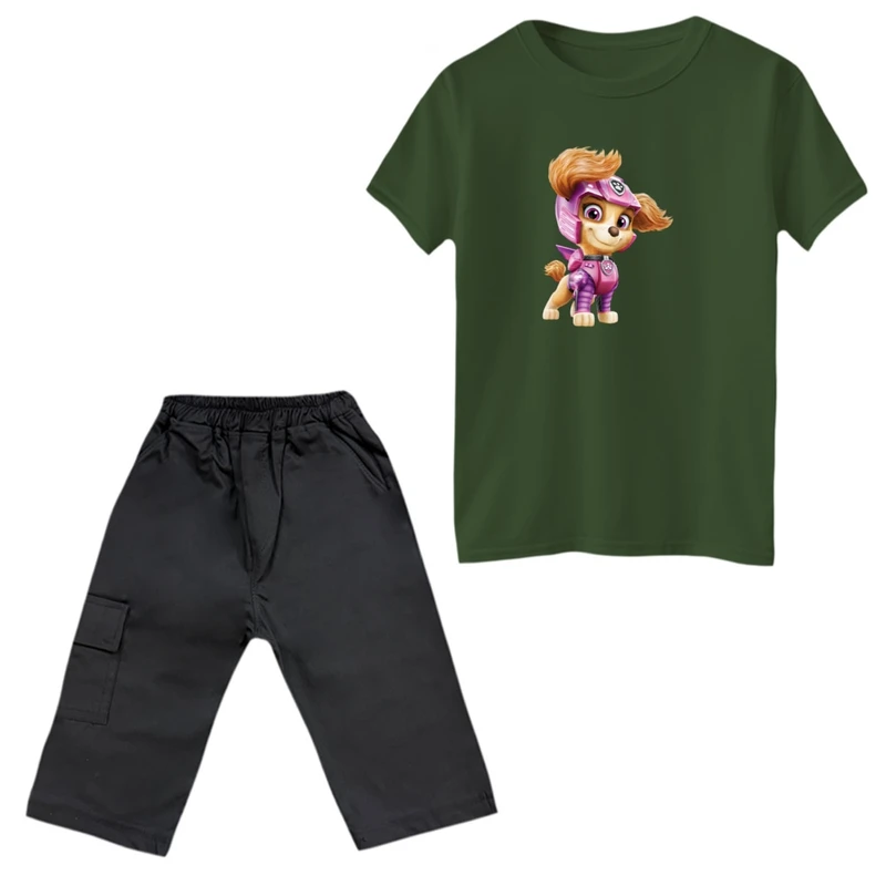 ست تی‌شرت و شلوارک دخترانه مدل سگ نگهبان کد 10 رنگ یشمی 