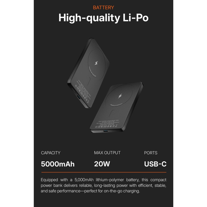 پاوربانک بی‌سیم 20 وات گلوریمی مدل FitCore Mag AIR ظرفیت 5000 میلی‌آمپرساعت به همراه کابل USB-C