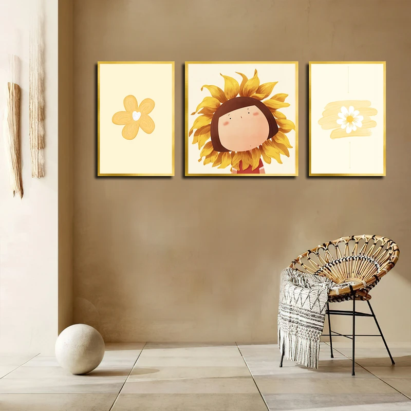 تابلو بکلیت طرح نقاشی فانتزی گل آفتابگردان و اتاق کودک مدل T-3723 فریم طلایی مجموعه 3 عددی