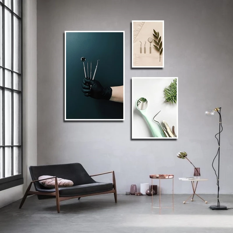 تابلو بکلیت طرح ابزار دندانپزشکی مدل W-3891 فریم سفید مجموعه 3 عددی