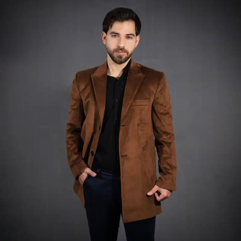 پالتو مردانه مدل مخمل LO یقه بلیزر رنگ شتری