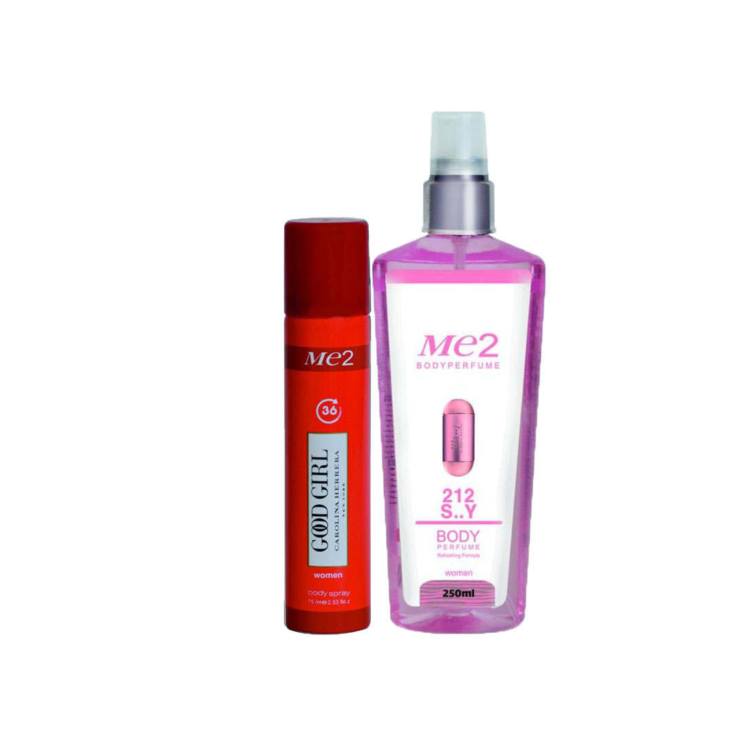 بادی اسپلش زنانه می تو مدل 212 حجم 250 میلی لیتر به همراه اسپری خوشبو کننده بدن مدل گودگل حجم 75 میلی لیتر