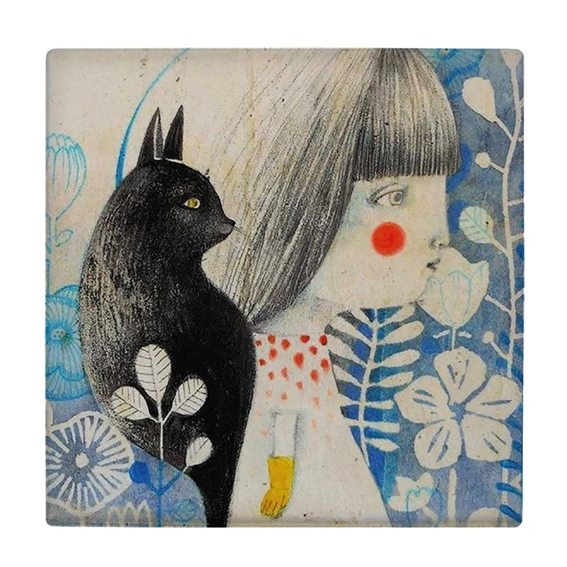  زیر لیوانی  طرح نقاشی دختر بچه و گربه کد    6167417_5517