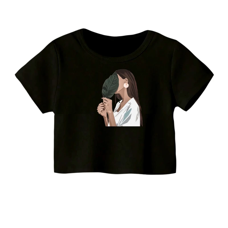 کراپ‌ تی‌شرت آستین کوتاه زنانه مدل برگ و دختر