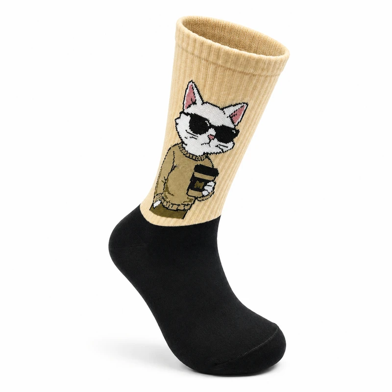 جوراب ساق بلند زنانه پنبه ای کجال مدل Coffee Cat 01