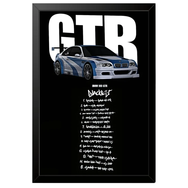 تابلو بکلیت طرح ماشین و خودرو بی ام و BMW M3 GTR NEED FOR SPEED MOST WANTED مدل B-po1875 فریم مشکی