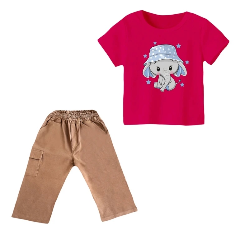 ست تی شرت و شلوارک دخترانه مدل فیل کد ۱۵ رنگ سرخابی