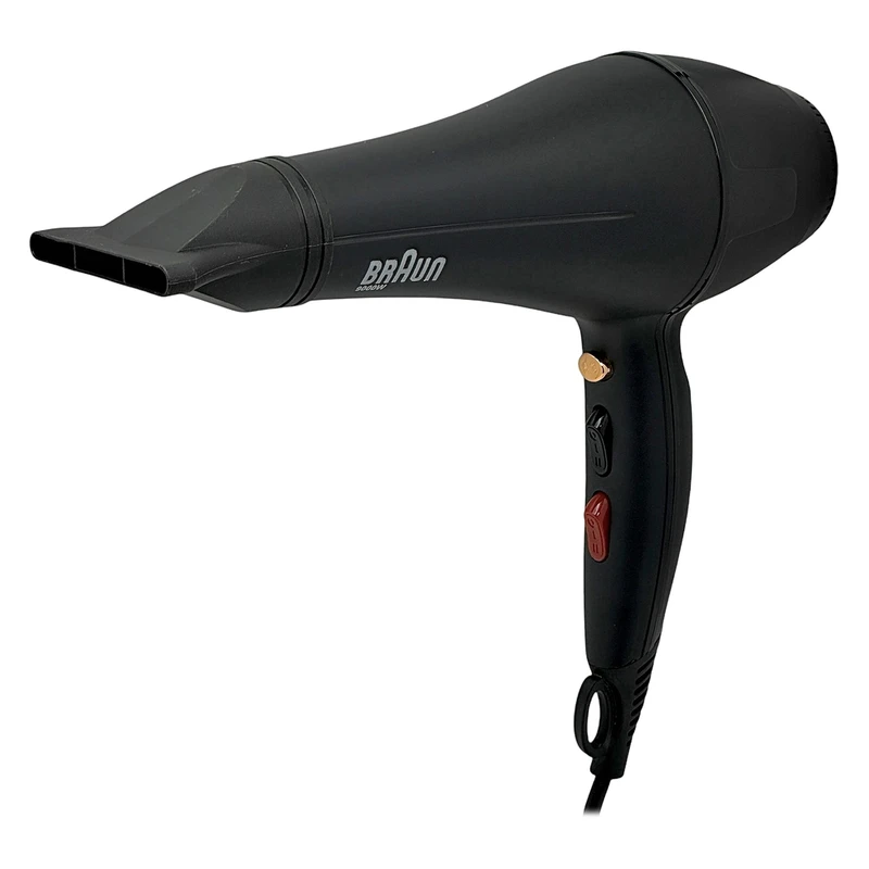 سشوار حرفه‌ای براون مدل BR-1009، موتور AC با توان مصرفی 9000 وات، دارای قابلیت تعویض سری، باد سرد، عملکرد توربو، دارای حلقه آویختن، با حالت صاف‌کننده و حجم‌دهنده، وزن 650 گرم، تنظیم حرارت 3 حالته و کنترل سرعت 2 حالته، به همراه سری متمرکزکننده