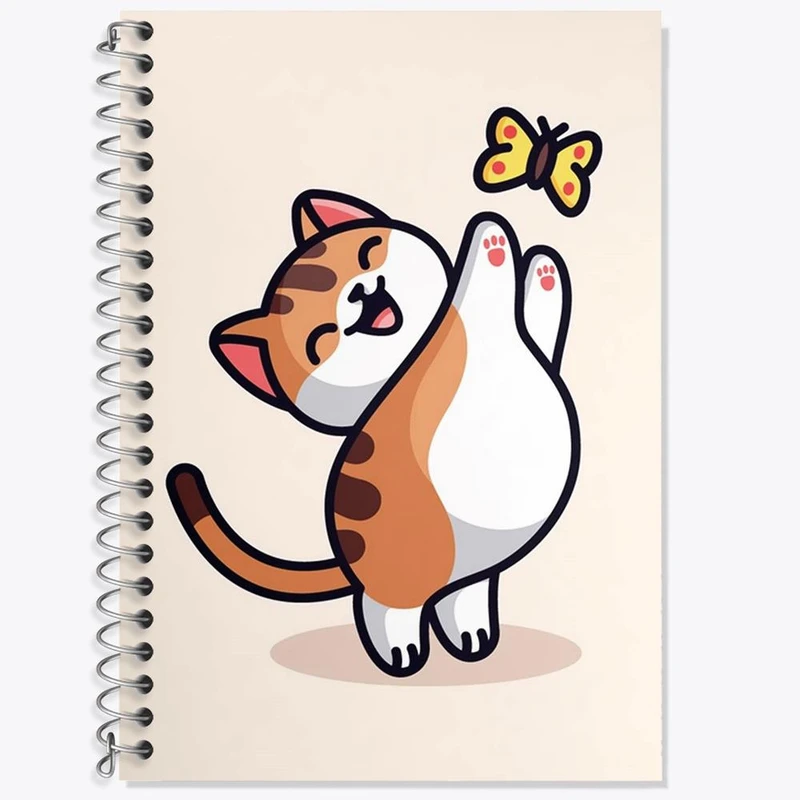 دفتر زبان 50 برگ خندالو مدل دو خط طرح حیوانات بامزه گربه و پروانه کد 28197