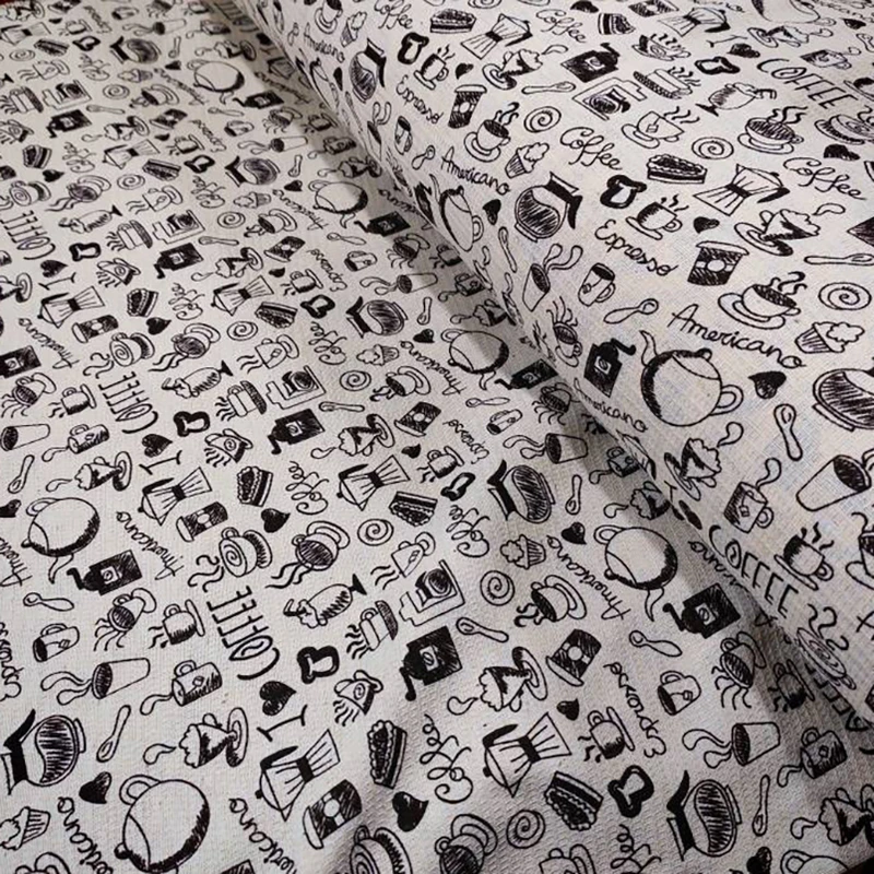 پارچه آشپزخانه عرض 1.5 متر مدل پلی پنبه طرح کافی رنگ شیری