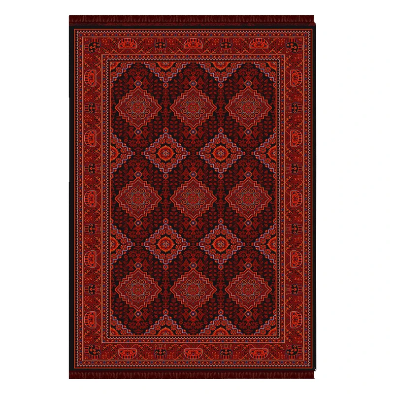 فرش ماشینی 700 شانه فرش ابریشمی کرامتیان زمینه قرمز لاکی حاشیه لاکی مدل بلوچی کد 4130B