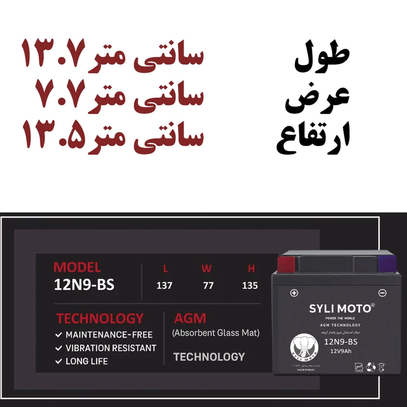 عکس شماره 2 : باتری موتور سیکلت 12ولت 9 آمپر سایلی موتو مدل 12n9-e1
