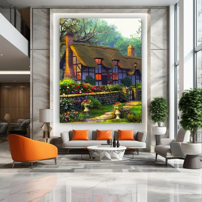 پوستر پارچه ای طرح مخمل نقاشی کلبه مدل سرسبز کد BK24692