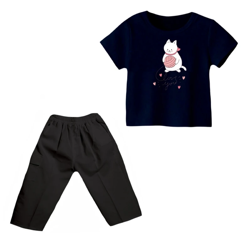 ست تی شرت و شلوارک دخترانه مدل گربه کد ۲۶