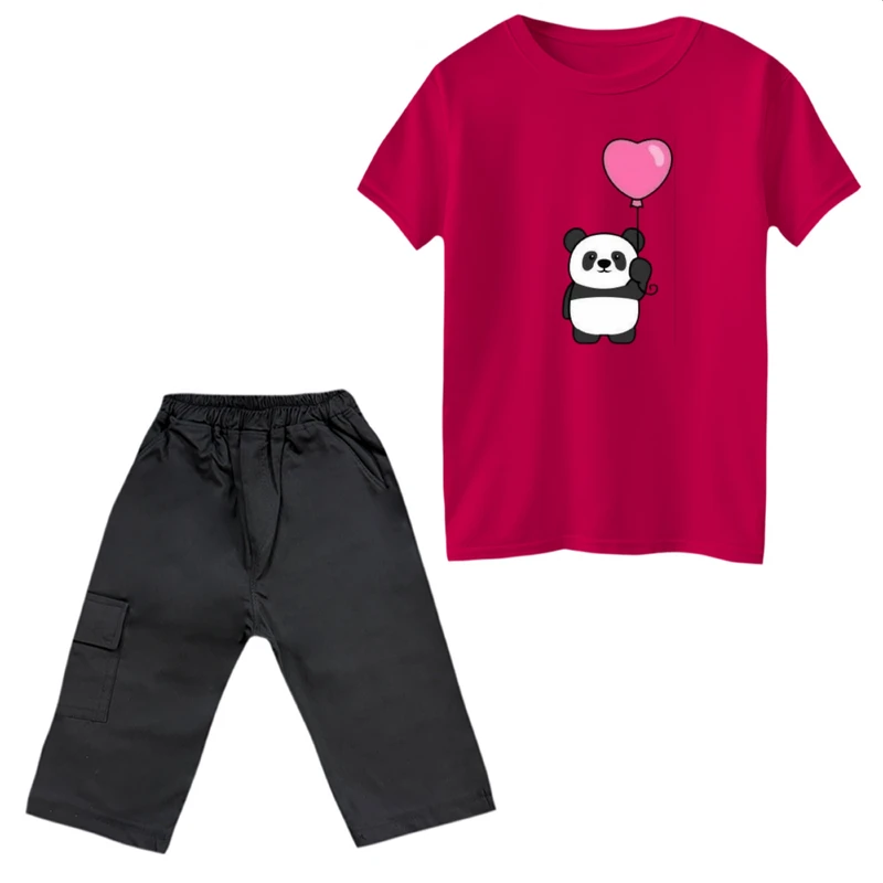 ست تی‌شرت آستین کوتاه و شلوارک دخترانه مدل پاندا و بادکنک قلبی