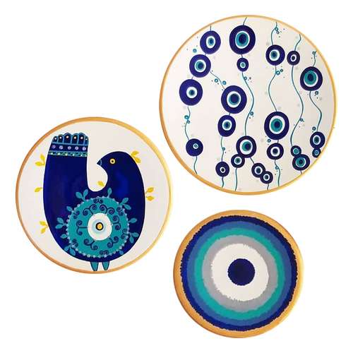 بشقاب دیوارکوب سفالی طرح چشم نظر کد D184 مجموعه 3 عددی