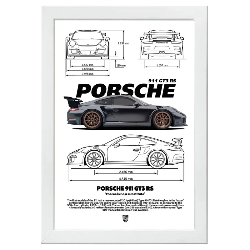 تابلو بکلیت طرح ماشین و خودرو پورشه PORSCHE 911 GT3 RS مدل W-po1557 فریم سفید