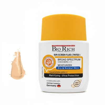 فلوئید ضد آفتاب رنگی صورت بایوریچ SPF 50 مدل BROAD SPECTRUM محافظ UVA ،UVB و PA+++ مناسب برای پوست‌ خشک و معمولی حجم 50 میلی‌لیتر