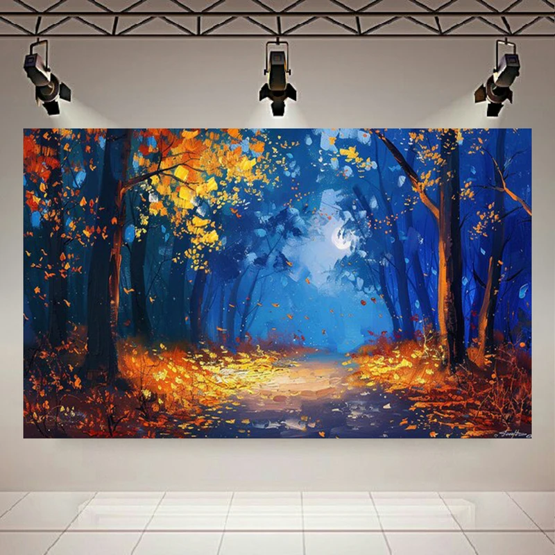 تابلو بوم طرح مخمل جنگل پاییزی مدل شب مهتابی کد AR304174