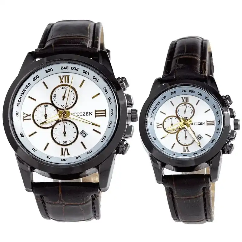 ست ساعت مچی عقربه ای زنانه و مردانه مدل چرمی 004