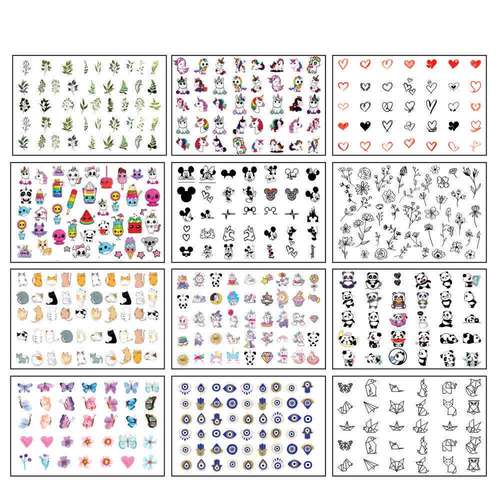 برچسب لنز ناخن مدل یونیکورن گربه گل و گیاه کد N12203 مجموعه 12 عددی