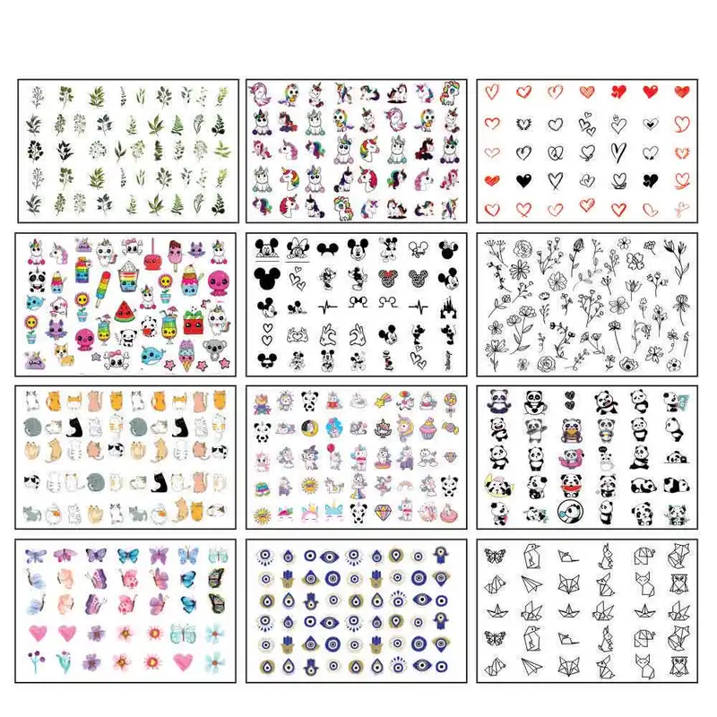 برچسب لنز ناخن مدل یونیکورن گربه گل و گیاه کد N12203 مجموعه 12 عددی