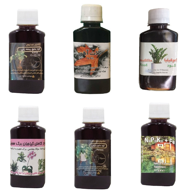 کود مایع فسفر ریشه زایی 10-52-10 و کلات آهن و کود زاموفیلیا و کود گیاهان برگ سبز و کود پتوس و کود کامل سه بیست مدل life drop حجم 120 میلی لیتر