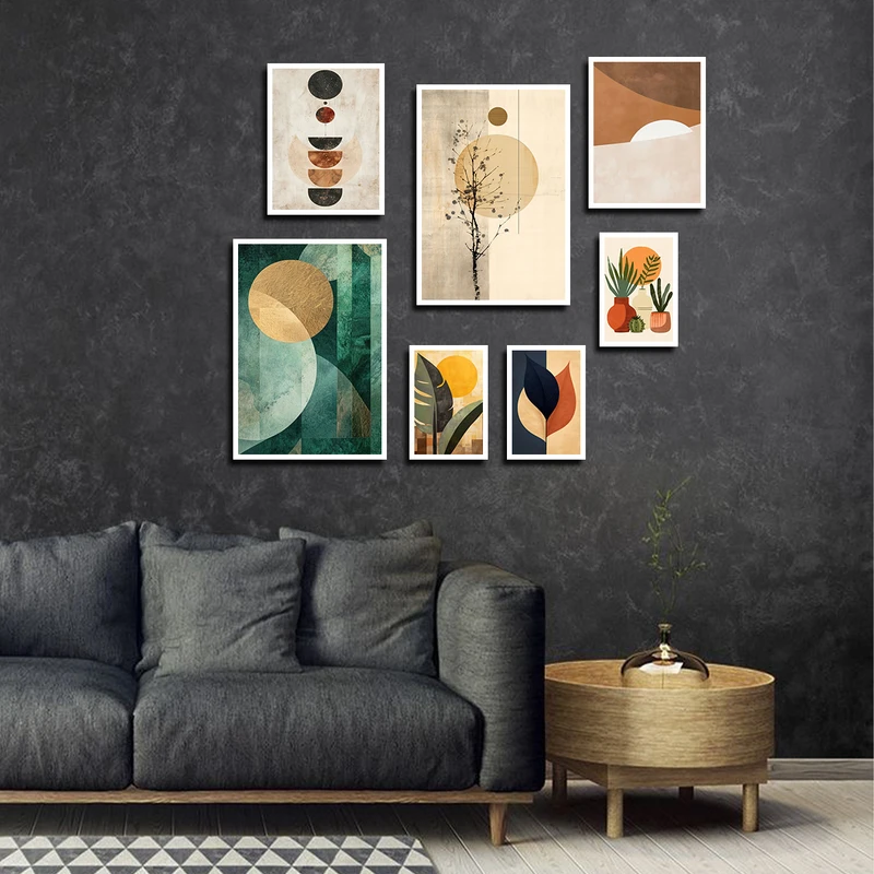 تابلو بکلیت طرح نقاشی مینیمال برگ و خورشید مدل W-3392 فریم سفید مجموعه 7 عددی