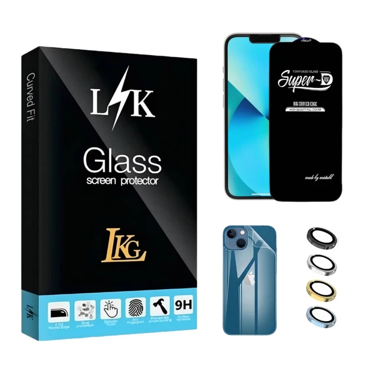 محافظ صفحه نمایش ال کا جی مدل سوپر دی مناسب برای گوشی موبایل اپل iPhone 14 به همراه محافظ پشت گوشی و محافظ لنز