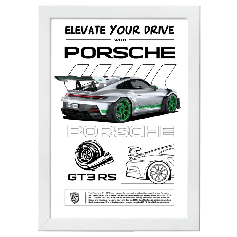 تابلو بکلیت طرح ماشین و خودرو پورشه PORSCHE 911 GT3 RS مدل W-po1566 فریم سفید