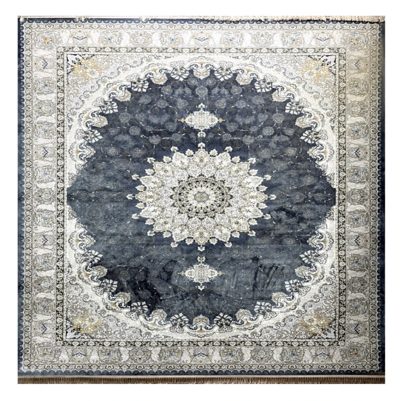 فرش ماشینی 1200 شانه زمینه سرمه‌ای حاشیه کرم مدل الهه