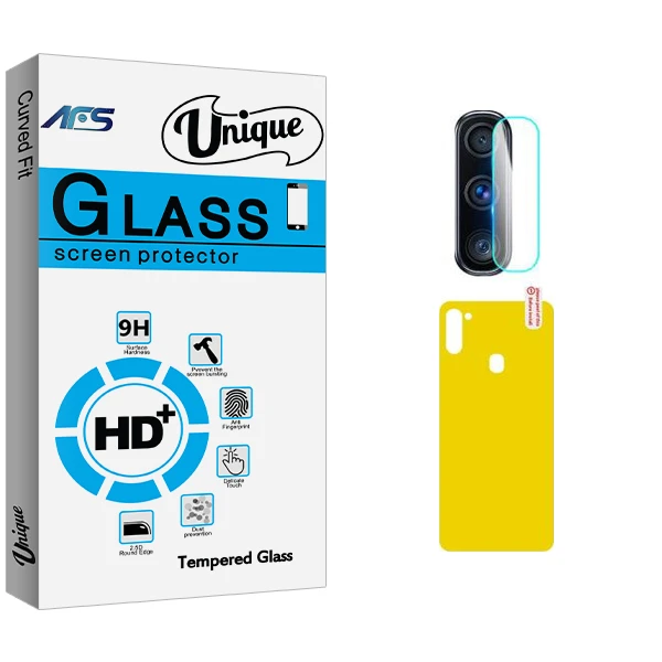 محافظ پشت گوشی ای اف اس مدل Unique Glass مناسب برای گوشی موبایل سامسونگ Galaxy M11 به همراه محافظ لنز دوربین