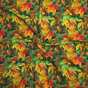 پارچه لباس عرض 1.5 متر مدل نخی هندی طرح برگ پاییزی رنگ نارنجی