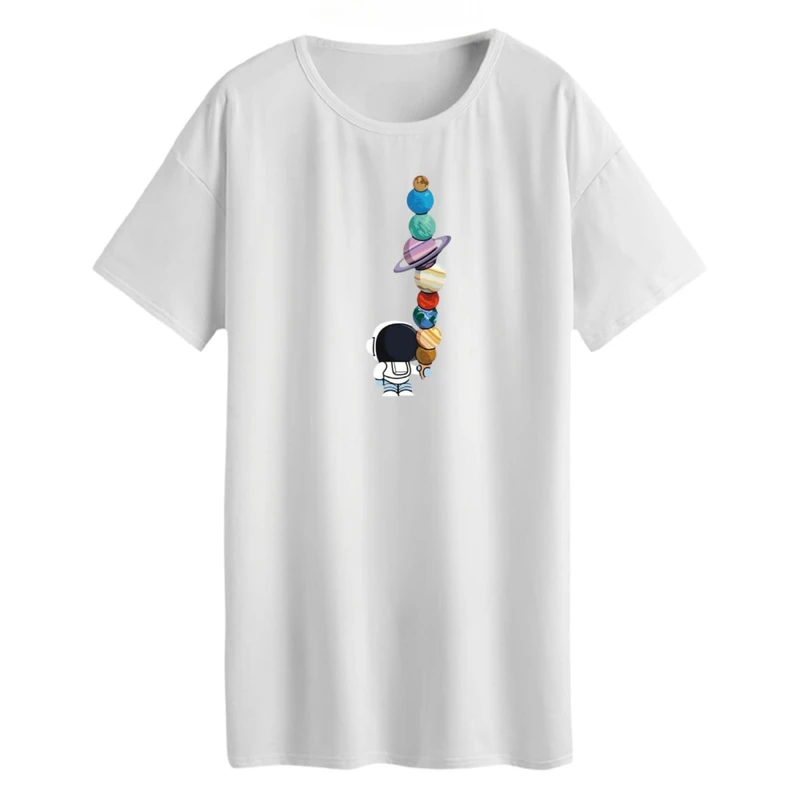 تی شرت لانگ آستین کوتاه زنانه مدل فضانورد و سیارات