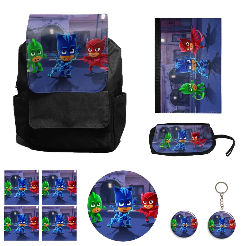 کوله پشتی مدل انیمیشن شب نقاب کد Pj Masks M7 همراه کلاسور و جامدادی و زیر لیوانی و جاکلیدی مجموعه 10 عددی