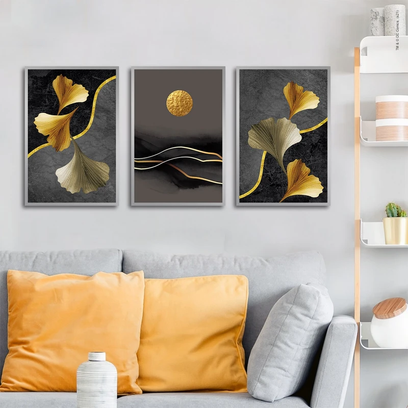 تابلو ساده بکلیت طرح گل و ماه طلایی مدل شاین اکلیلی SI-3001 فریم نقره ای مجموعه 3 عددی