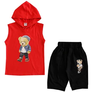 ست تاپ کلاه دار و شلوارک پسرانه مدل خرس رنگ قرمز