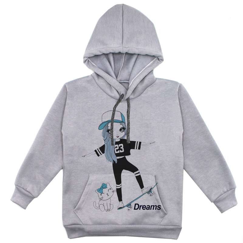 هودی دخترانه مدل دختر و اسکیت F93 رنگ طوسی